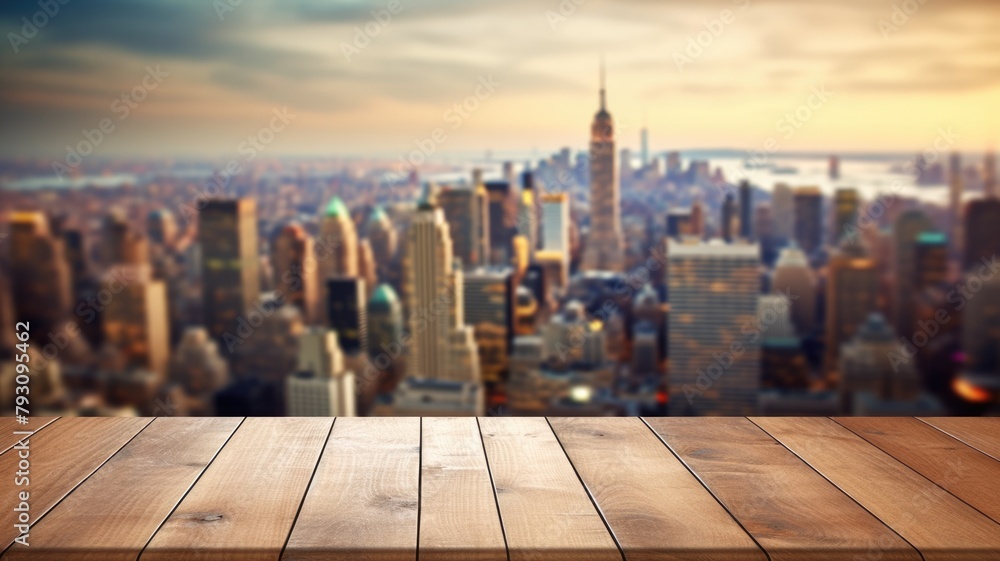 Poster the empty wooden table top with blur background of city skyline. exuberant image. generative ai