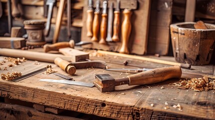 A vintage carpentry bench strewn with hand tools. - obrazy, fototapety, plakaty
