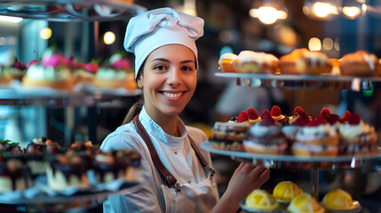 Smiling female baker presenting a variety of colorful pastries and baked goods in a multi-tiered display case - obrazy, fototapety, plakaty
