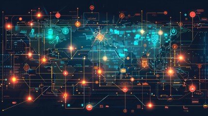 Obraz premium A digital world map with glowing nodes and lines representing data and connections.