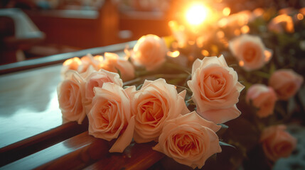 Rose arrangement on a pew at a church funeral service.