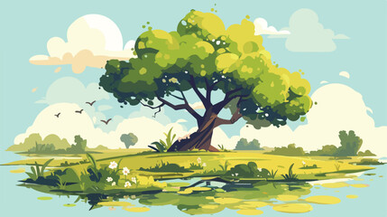 Tree on glade 2d flat cartoon vactor illustration i - obrazy, fototapety, plakaty