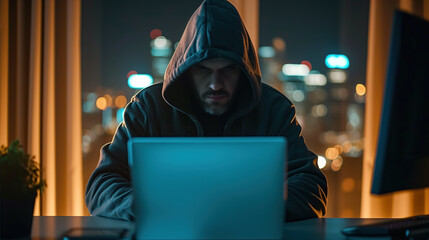 Hacker with hood in a dark room against city night backdrop.