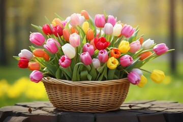 A playful arrangement of multicolored tulips in a rustic basket, set against a soft, blurred garden background, ideal for conveying a cheerful and welcoming spring atmosphere