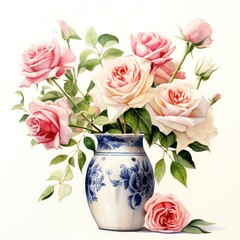 A mix of roses in a porcelain vase portrayed in a minimalist style, using light and airy brushstrokes to convey simplicity and grace, watercolor, pastel, whimsical, clip art, white background