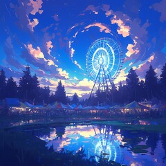 Breathtaking night scene of a brightly lit carnival Ferris wheel with clouds forming whimsical shapes against the moonlit sky.