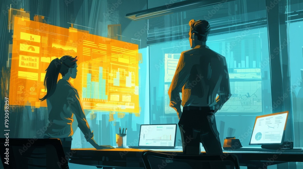 Poster a man and a woman standing in front of a large screen with graphs and data on it. the man is wearing