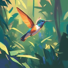 A Brilliant Blue-White Hummingbird in Mid-Flight amidst a Lush Jungle Setting
