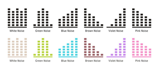 Sound waves of white, brown noise. Flat icon set. Frequency curves