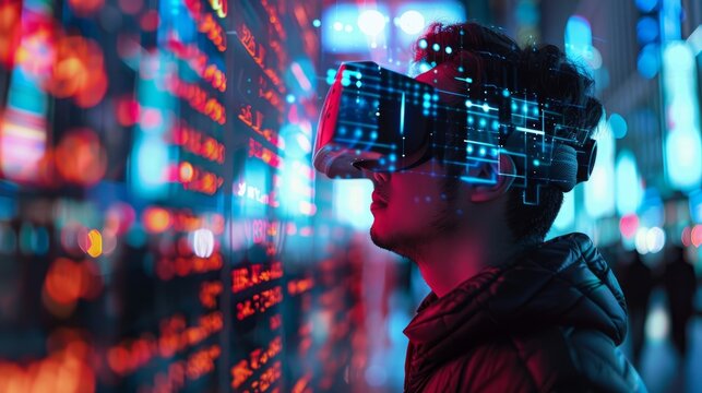 A man wearing a virtual reality headset looks at a digital display of information.