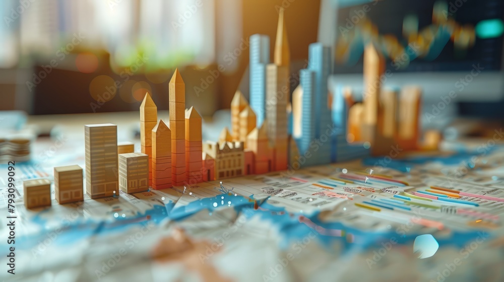Poster a miniature model of a city made of blocks sits on top of a newspaper with a graph of stock prices i