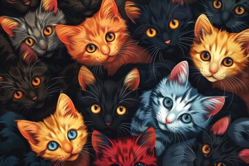 adorable cartoon colorful kittens cuddling together looking at you as a cute background