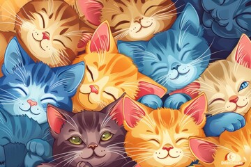 Many adorable cartoon colorful kittens cuddling together looking at you as a cute background