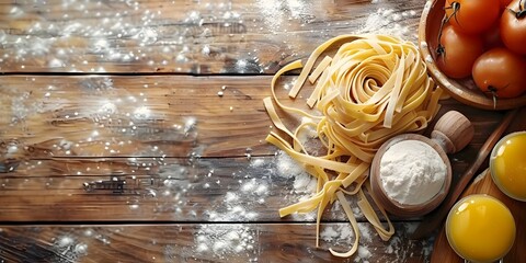 Homemade Pasta Ingredients and Wooden Utensils Displayed on Rustic Wooden Surface with Copy Space description This image showcases a still life - Powered by Adobe