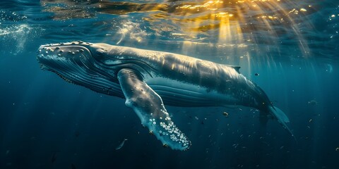 Majestic Humpback Whale Gliding Through the Serene Underwater Realm with Sunlight Beaming Down from the Surface