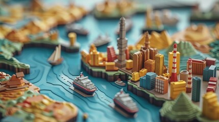 A miniature model of a city with boats in the water.