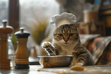 a cat wearing a tiny chef's hat, pretending to stir a pot with its paw
