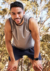Man, runner and smile for break in portrait or outdoors for fitness with wellness for exercise with...