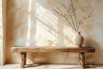 Rustic wooden bench and vase with branch near beige grunge stucco wall with copy space. Japandi, wabi-sabi home interior design of modern living room