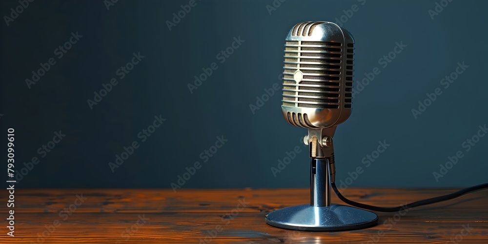 Poster retro microphone on wooden desk setup for podcast or audio recording session with experts discussing