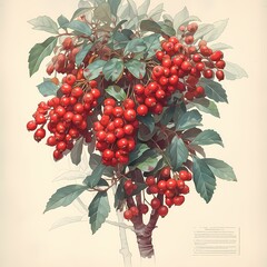 Lush and Full Hawthorn Tree, Detailed Scientific Illustration - Perfect for Nature, Botany, or Seasonal Graphics.