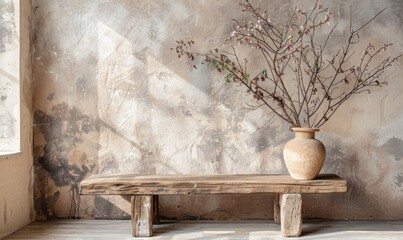 Rustic bench and clay vase with branch near beige grunge stucco wall with copy space. Japandi, wabi-sabi home interior design of modern living room