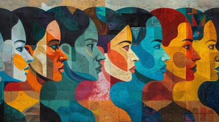 A mosaic of diverse women's faces in bright colors