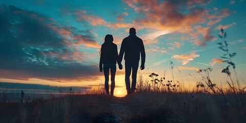 Silhouetted Couple Embracing During Breathtaking Sunset in Serene Countryside Landscape