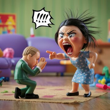 Very angry dominant woman doll screams at man, illustrative puppet toys home scene