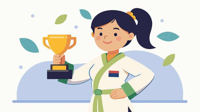 A young girl proudly displays her trophy from a regional martial arts competition representing the dedication and perseverance embedded in her