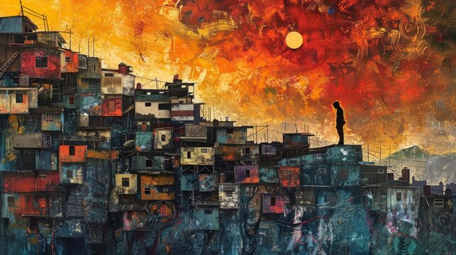 A painting of a man standing on a rooftop in a favela, looking out over the city. The sky is orange and the sun is setting. The favela is made up of densely packed houses and buildings.