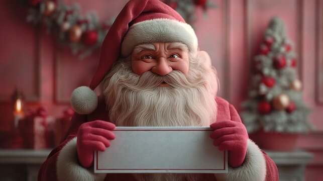 Smiling Santa Claus, holding an empty white banner, New year holiday character