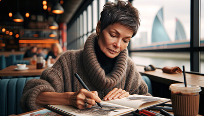 A fifty-year-old woman draws with a pen in an album while sitting at a cafe table in front of a...