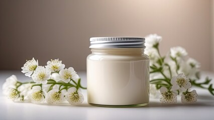 Fototapeta na wymiar white jar with cream, white flowers lie next to it
