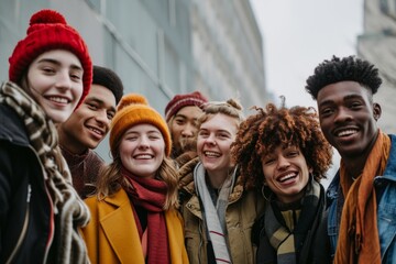 Multiethnic group of young people on the street in winter.