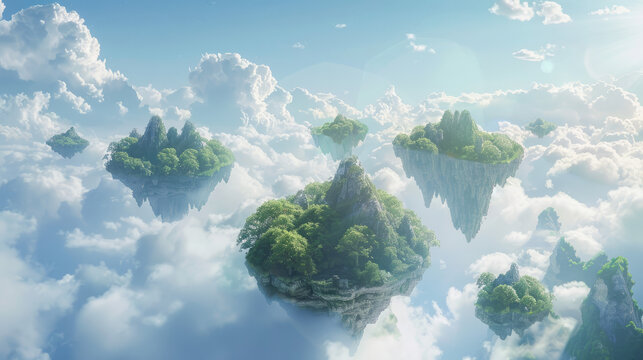 A serene landscape of floating islands in the sky, each island representing a tranquil mind in a sea of clouds