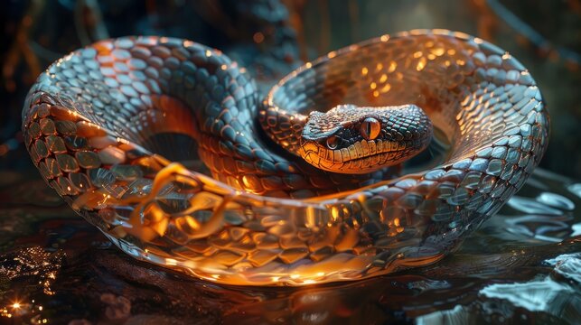 A realistic painting of a coiled snake made of metal with glowing orange eyes and a shiny body.
