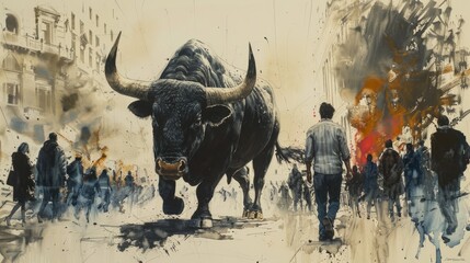 A watercolor painting of a bull running through a crowded street. The bull is black and has large horns.