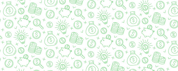 Business and finance seamless pattern with flat vector green line icons of piggy bank, stack of coins, dollar sign, magnifying glass, money bag, light bulb with money idea. For cover, wrapping paper