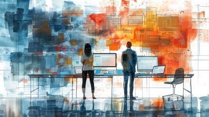 A watercolor painting of two people standing in front of a large computer screen. The man and woman are looking at the screen.