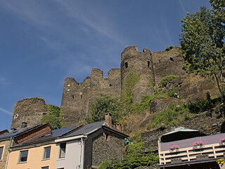 Ruined medieval castle near La Roche-en-Ardenne in the Province of Luxembourg, Belgium.  - obrazy, fototapety, plakaty