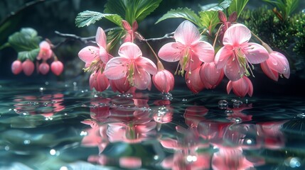   A pink flower cluster rests atop a tranquil lake Nearby, a verdant forest, abundantly covered in green leaves, embraces the water's edge