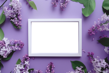 Blank greeting card  with space for your text or photo on pastel purp background with spring flowers lilac, top view.PNG object isolated with transparent background, mockup, design, template, layout