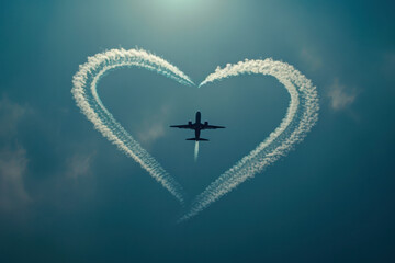 Plane Flying in Sky With Heart Shaped Smoke Trail