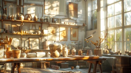 An artist's studio with a large window, a wooden table, and shelves full of pottery - obrazy, fototapety, plakaty