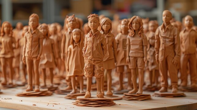 An army of clay sculptures of children stand on blocks of wood.