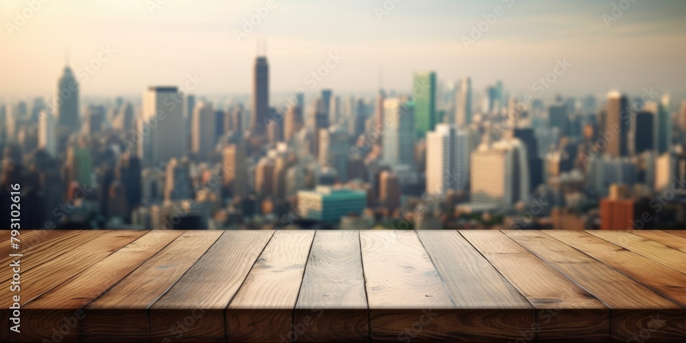 Poster the empty wooden table top with blur background of cityscape. exuberant image. generative ai