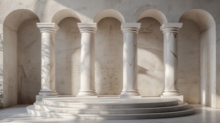 An empty marble podium in front of five arched openings. - obrazy, fototapety, plakaty