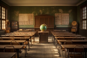 A Nostalgic Journey Back in Time: A Historic School Classroom from the Early 20th Century, Complete with Wooden Desks and Chalkboard - obrazy, fototapety, plakaty