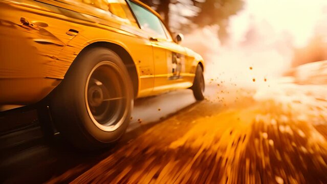 High speed shot of a rally car made from cinematic angle. Fast sports car with speed lines